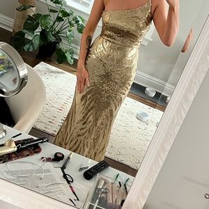 Gold one shoulder floor length dress